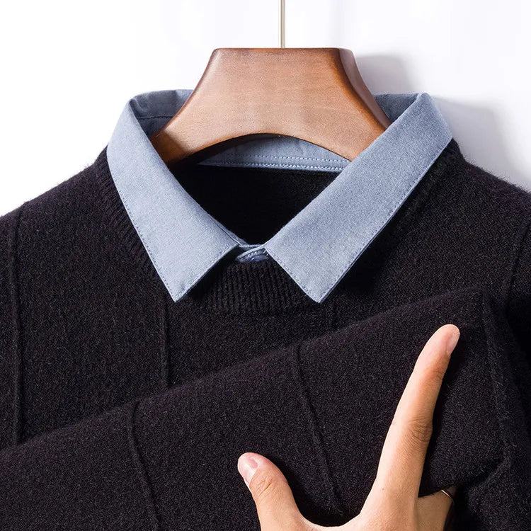 Men's Business Casual Polo Shirt with Faux Shirt Collar and Pineapple Jacquard Knit  Gold Medal Quality Pullover