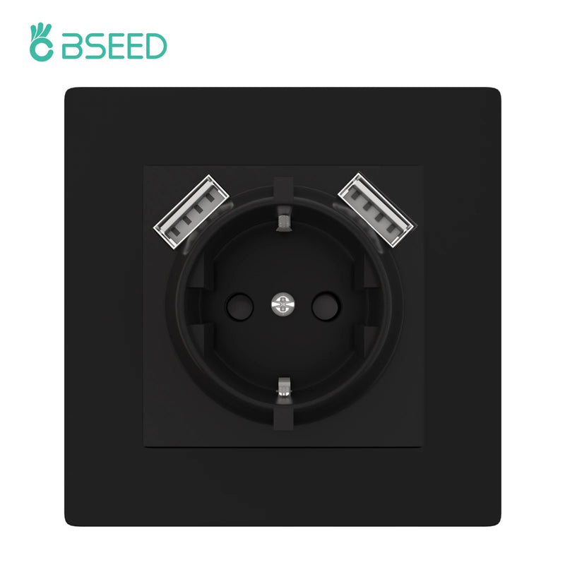BSEED Single Wall Power Socket Double Type-C USB Phone Charge Port Triple Outlets Black Plastic Panel 16A 110V-240V
