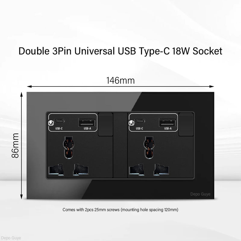 UK Black USB Type-C 18W Fast Charging Socket Universal Tempered Glass  Double 5-pin Power Plug,Home Electrical Wall Light Switch