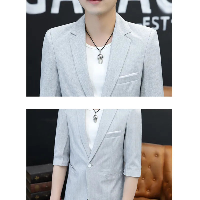 2026 New Thin Section Men's Linen Seven-quarter Sleeve Blazer, Fashionable Slim Summer Jacket, Beige Gray Light Green Optional