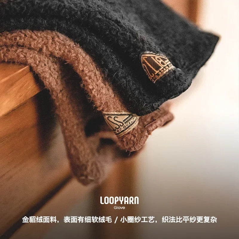 Maden Vintage Winter Knitted Gloves Gold Mink Velvet Warm Full Finger Gloves Men and Women Outdoor Running Skiing Mittens