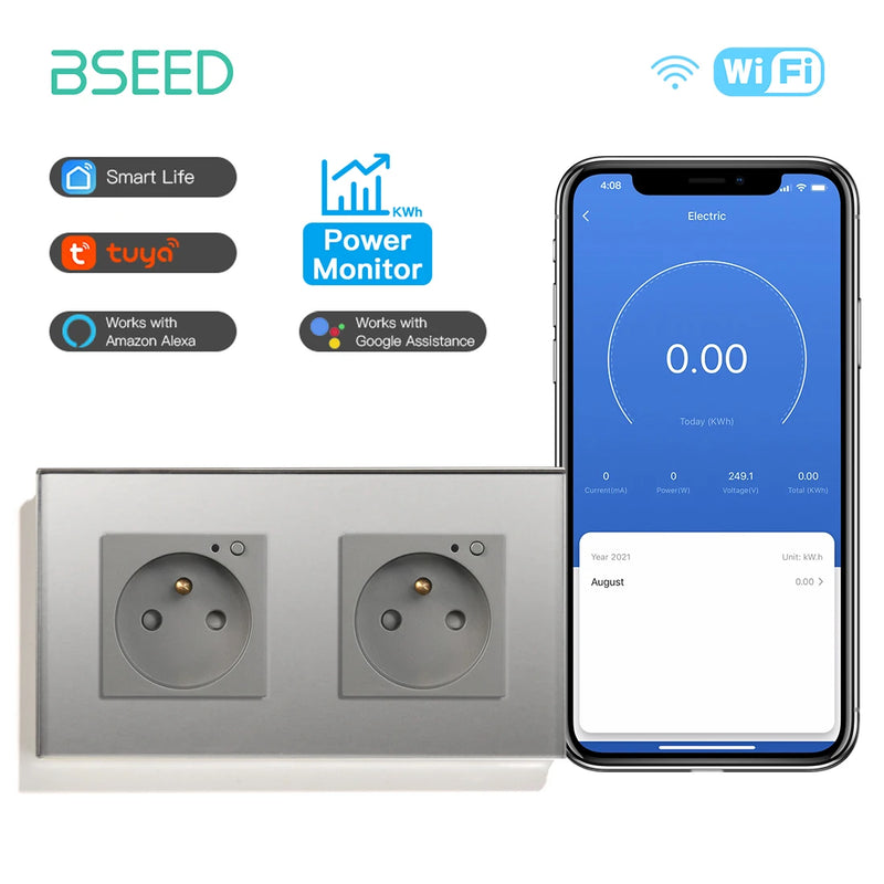 BSEED French Standard Electrical Wifi Smart Socket French Type Power Monitor Timing Function Tuya Alexa Wireless Control 16A