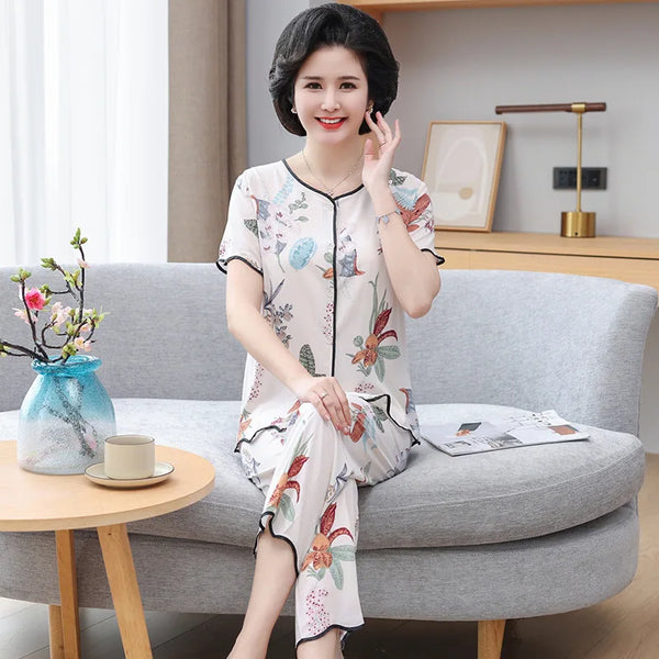 ឈុតគេង Fdfklak កប្បាសរ៉ាយ៉ុងសម្រាប់ស្ត្រី ខោខ្លីរដូវក្តៅ ឈុតពីរដុំ សម្លៀកបំពាក់ធម្មតាសម្រាប់ម្តាយវ័យកណ្តាល សម្លៀកបំពាក់នៅផ្ទះ ទំហំ XL-4XL