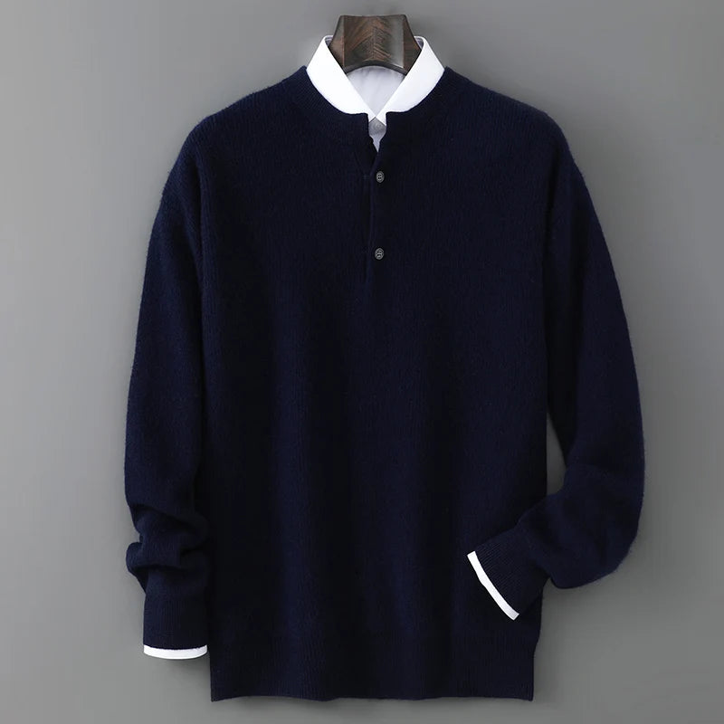 100% Wool Sweater, Round Neck Button Detail, Solid Jacquard Knit, Loose Fit Autumn Winter