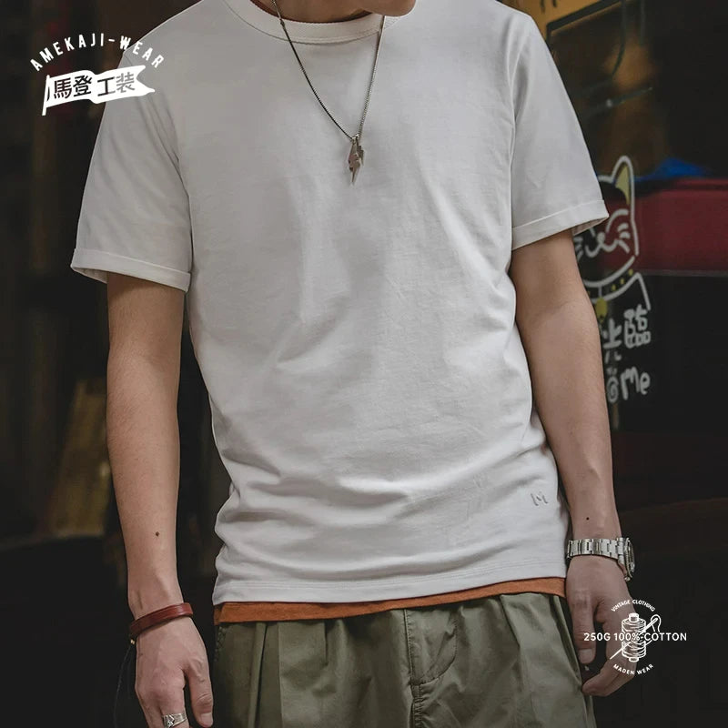 Maden Summer Solid Color Short Sleeve T-Shirts 100% Cotton Round Neck Tees with Rolled Edge Cuffs Casual Tops for Men