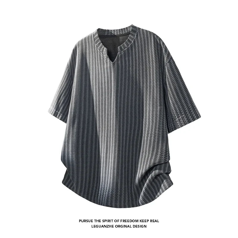 Mens Striped Textured Knit Short Sleeve Top Notched Collar Oversized Cutting Suitable For Vacation Dating And Casual Scenes