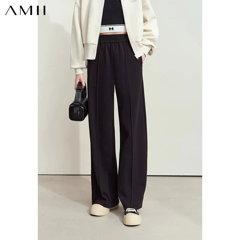 AMII Minimalist Women's Autumn New Casual Pants 2026 New Elastic Waist Letter Embroidery Straight Pleated Pants Female 12443086