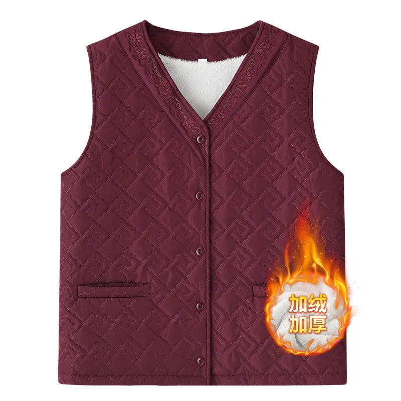 Middle Aged Elderly Women Knitted Vest Thick Velvet Autumn Winter Sweater Coat Mother Waistcoat Grandma Cardigan Jacket M-3XL