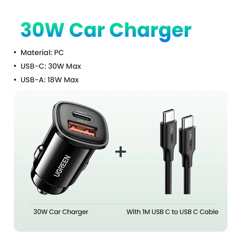 【NEW-IN】UGREEN USB Car Charger 30W Quick Charge 4.0 QC4.0 QC3.0 PD Type C Fast Car USB Charger For iPhone 17 Xiaomi Mobile Pho