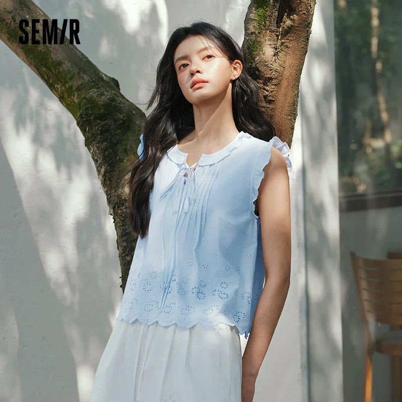 Semir Women Shirt Cotton Embroidered Bow Short Length Ruffle Lace Sweet Stylish 2026 Summer Casual Fashion Versatile Top