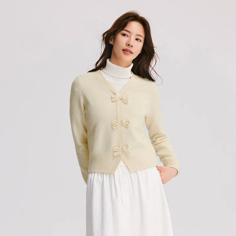 Semir Women Cardigan Bow Toggle V Neck Soft Knit Slim Fit Cropped Sweater 2026 Vintage Everyday Layering Knitwear Top
