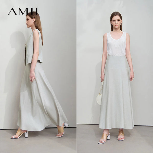AMII សំពត់នារី Minimalist រដូវក្តៅ Luxur Office Lady Solid Combination Twill A-Line Elegant MIdi Skirt Female Clothing12542278