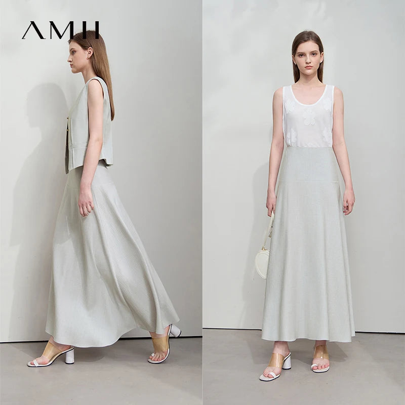 AMII សំពត់នារី Minimalist រដូវក្តៅ Luxur Office Lady Solid Combination Twill A-Line Elegant MIdi Skirt Female Clothing12542278