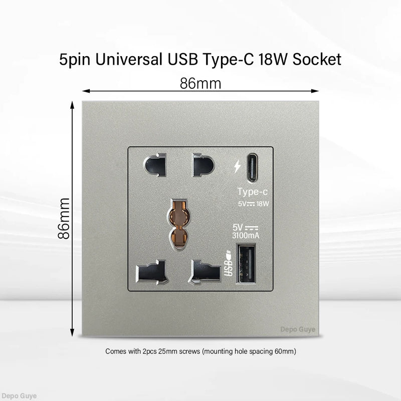 Universal 18W Type-C Quick charge Double Power Outlet,220V Electrical Wall Light 2way Switch UK 13A Wall Double USB Plug Socket