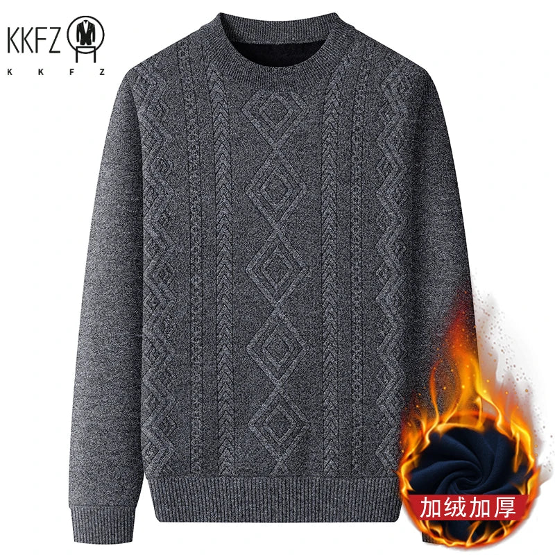 Thick Thermal Crew Neck Pullover Men Vertical Geometric Diamond Pattern Soft Fleece Lining Weekend Outing Knitwear