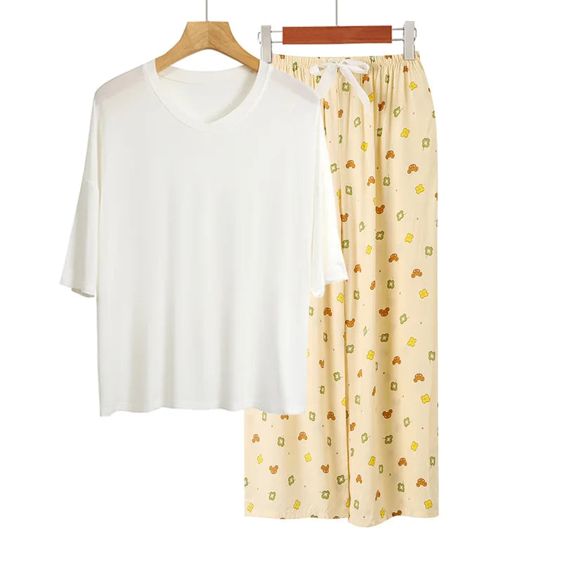 Nightwear Modal Woman Pajamas Spring Summer Casual Sleepwear Set Loose Casual Women's Home Clothes Short Sleeve Trousers Suit
