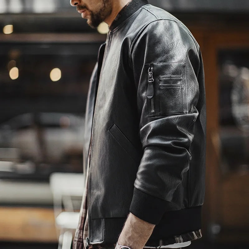 Maden Vintage Men's MA1 Leather Jacket Black Pilot Bomber Jacket Short Zip-up Pocket Baseball Coat Outerwear for Fall Streetwear