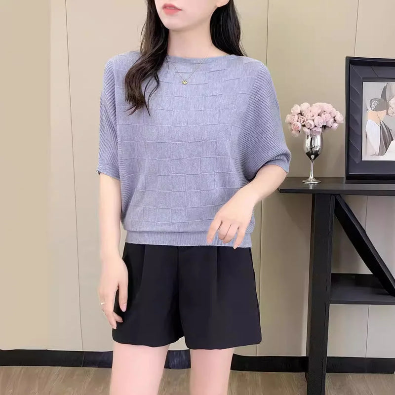 Korean Fashion One-word Collar Casual Bat-sleeved Knitted Sweater Women's Top Spring Summer Knitwear Pullover Jumper Shirt