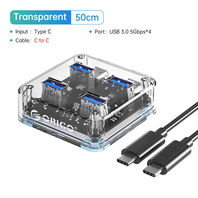 ORICO Transparent Usb C Hub 4 Port Expansion With Power Supply Interface Usb 3.2 Protocol High Speed Transmission OTG Dapter