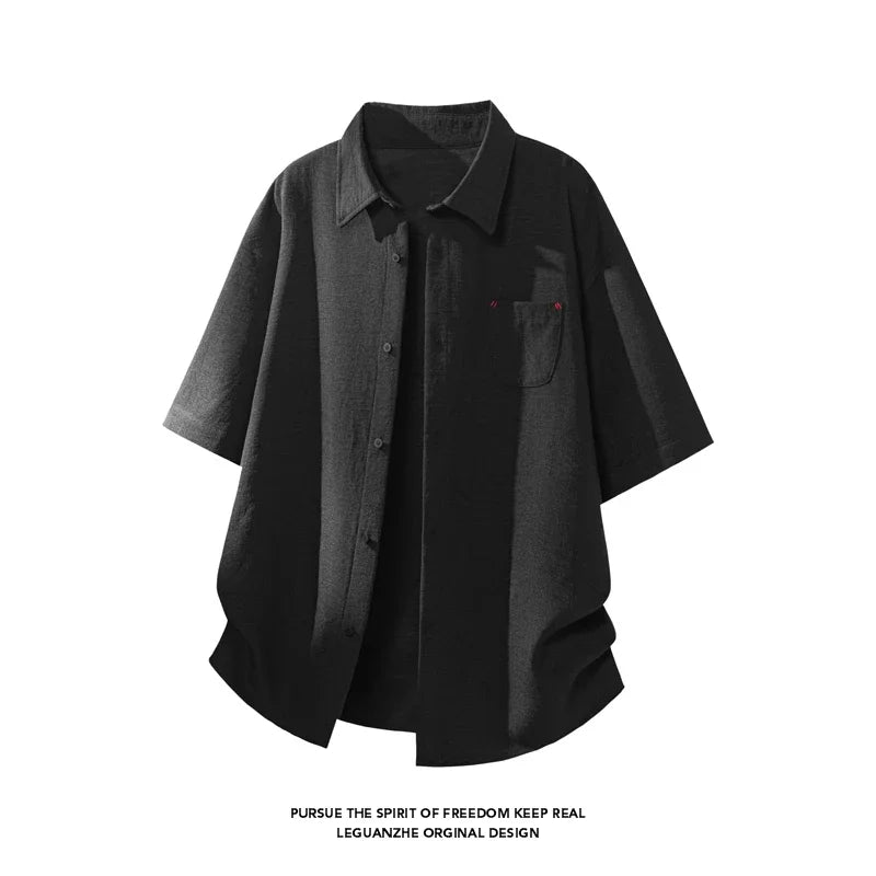 Mens Lapel Collar Short Sleeve Button Up Top Textured Linen Like Fabric Chest Pocket Relaxed Fit For Daily Commute Outfit