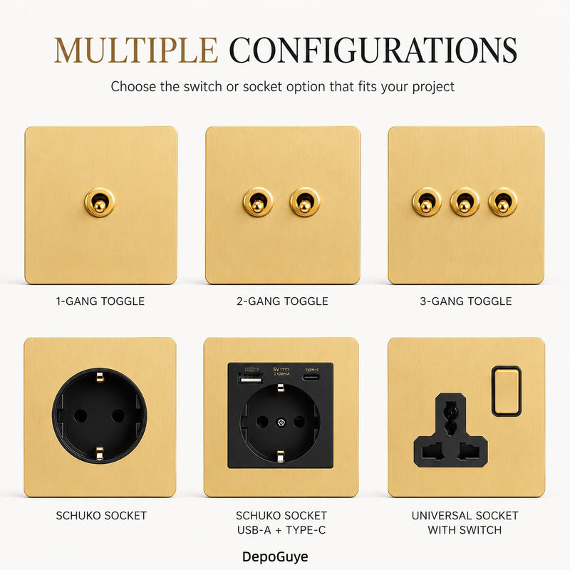 Gold Wall Light Toggle Switch Vintage Brass Lever Stainless Steel Panel,EU FR Universal USB C Socket 1-4 Gang 2Way Switch TV