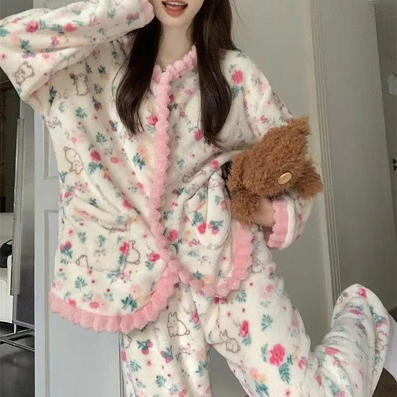 Printed Women's Winter Pajamas Flannel Korean Long Sleeve Thicken Velvet Sleepwear Set Casual Warm Coral Fleece Home Clothes