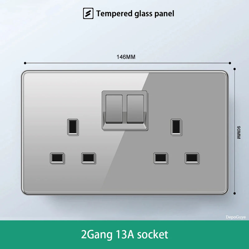 Deluxe Grey Tempered Glass Panel UK 13A Plug Electrical Socket, Double 5 Pin Socket and Switch, EU Universal USB C Wall Socket