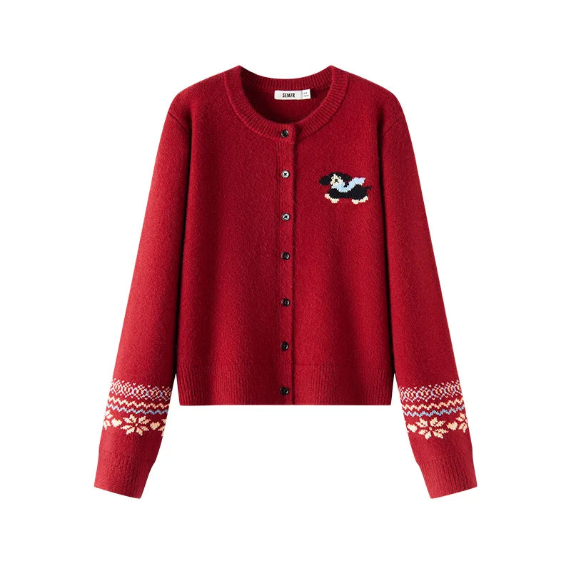 Semir Women Knit Cardigan Cropped Dog Graphic Geometric Jacquard Crew Neck 2026 New Winter Daily Wear Urban Casual Style