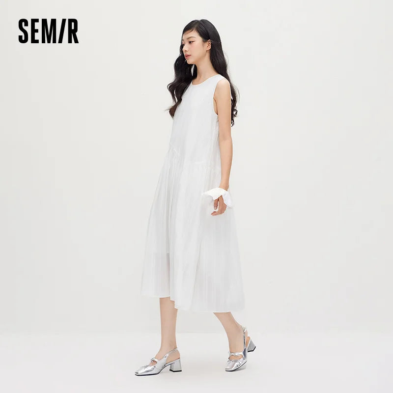 Semir Women Dress Jacquard Linen Cotton Tank Dress Girlish Vacation Style White Maxi 2026 Summer Top