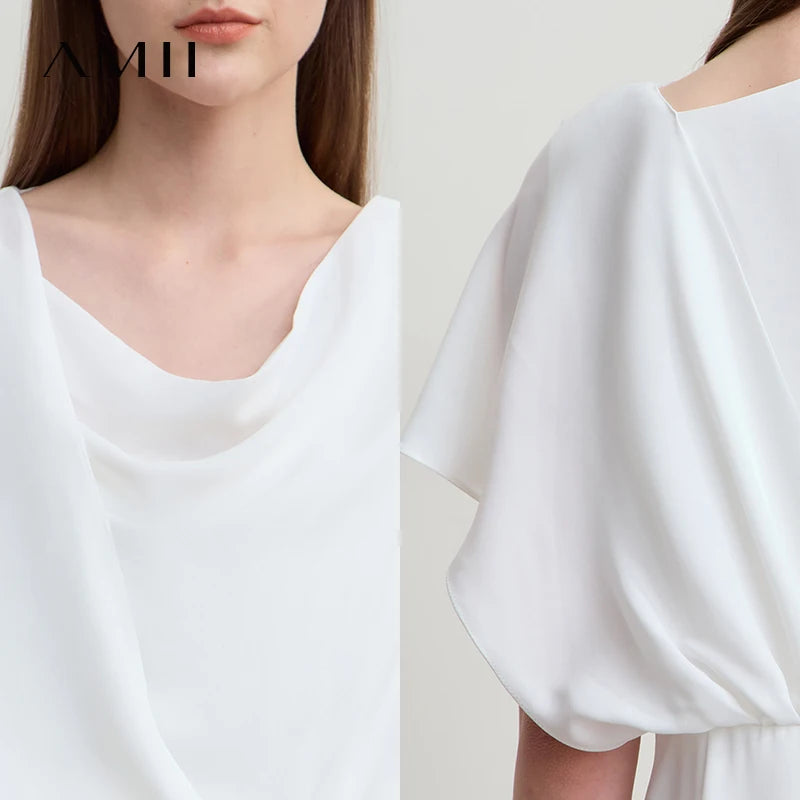 Amii Minimalist Light Luxury Dress 2026 Summer New Office Lady Elegant Ruffle Short Sleeves Swing Neck Midi Dress Robe 12552097