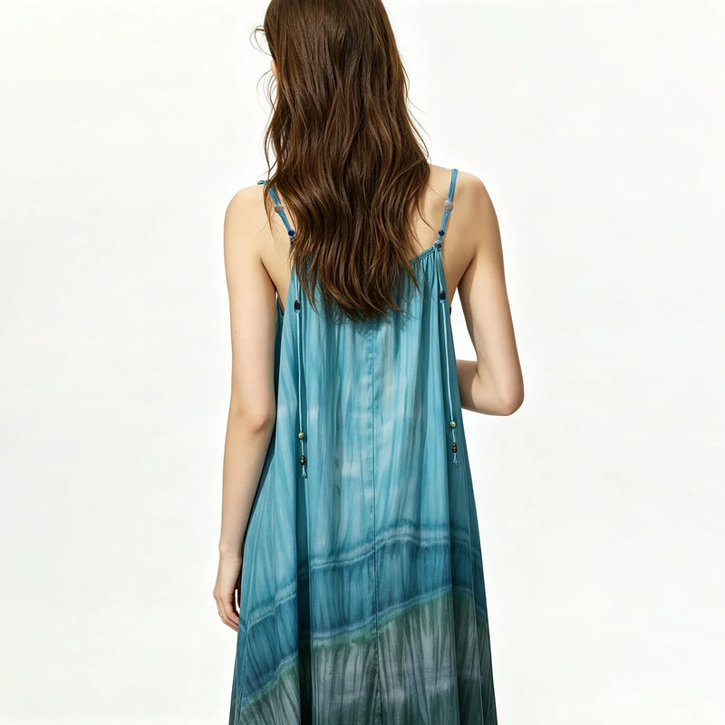 Amii Tie Dye Women's Dress 2026 Summer New Printed Slip Strap Sleeveless Holiday Casual Long Spaghetti Dress For Women 12652063