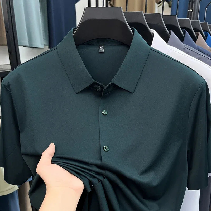 Men Short Sleeve Button Up Shirt Casual Ice Silk Business Formal Shirt Breathable Wrinkle Free Summer Top