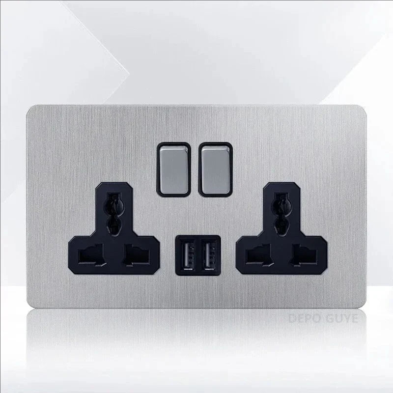 Retro EU France Socket Stainless Steel Brushed Double Power Outlet Toggle Metal Lever 1-4 Gang 2Way Wall Light Switch Panel RJ45