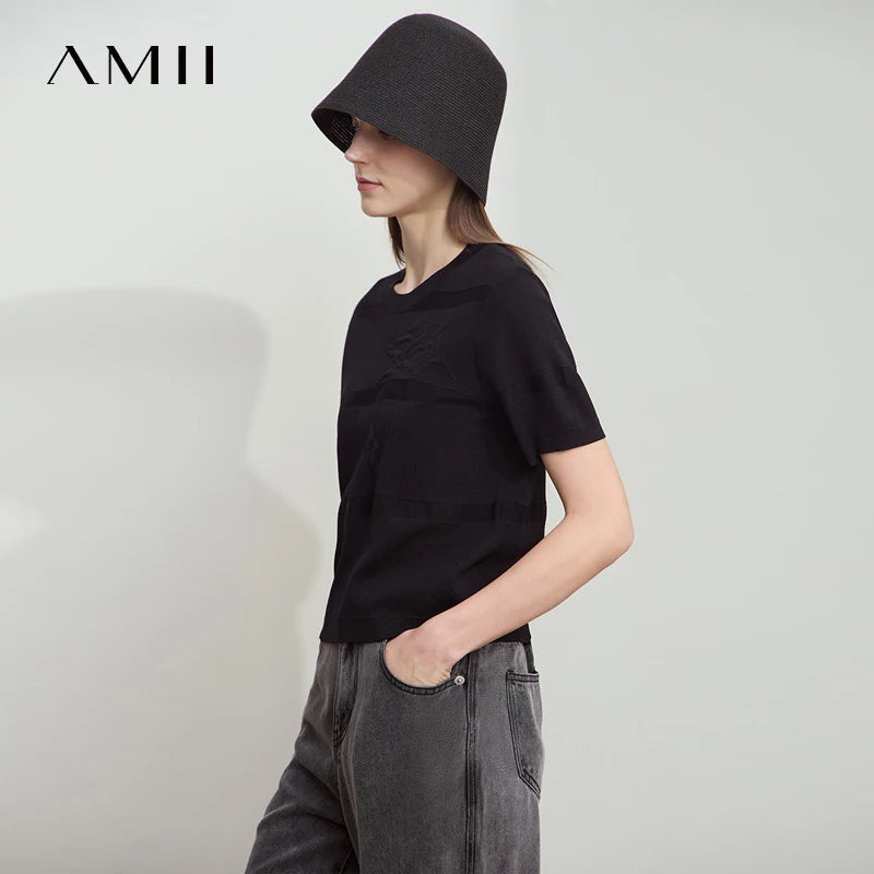 អាវយឺត AMII រដូវក្តៅបែប Minimalist សម្រាប់ស្ត្រីឆ្នាំ ២០២៥ អាវយឺតកមូលដៃខ្លីបោះពុម្ពសម្រាប់ស្ត្រីម៉ូដទាន់សម័យ 12522078