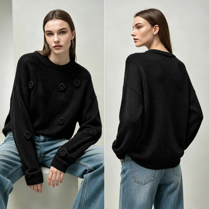 Amii Women's Crew Neck Autumn Sweater Drop Shoulder Long Sleeve Rose Casual Pullover Loose Knit Tops Female Clothing 12623037