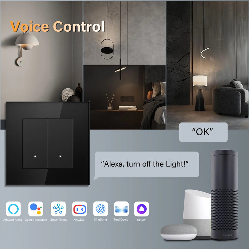 BSEED 1/2/3/4Gang 2Way Smart WIFI Light Switch Click Button Switch Support Tuya Smart Life Alexa Control Glass Panel Black Color