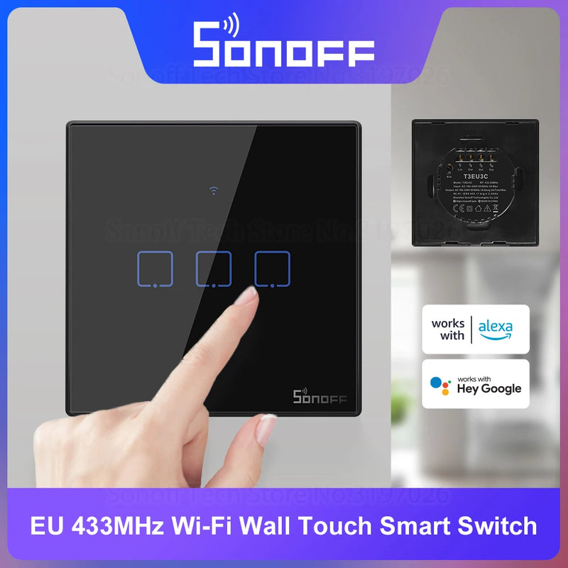 SONOFF T3EU Black WiFi Smart Wall Touch Switch 433Mhz RF Remote Control Time Schedule via eWeLink Works With Alexa Google Home