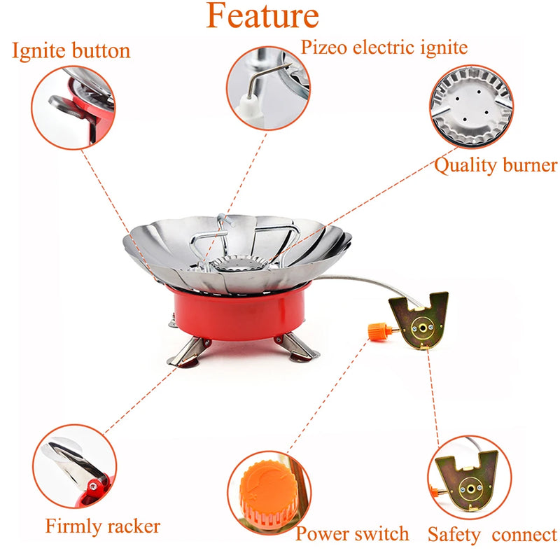 Outdoor Mini Portable Folding Heater Camping Lotus Burner Kitchen Cooker Heating Foldable Furance Head Card Gas Stove Wind Proof