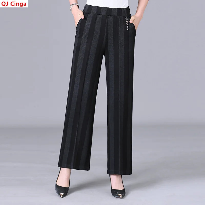Women's High-waisted Wide-leg Pants for Spring and Fall—stylish, Casual Striped Trousers.
