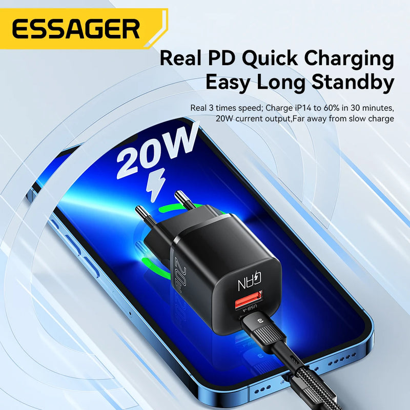 ឆ្នាំងសាក Essager 20W GaN USB Type C PD សាកថ្មលឿន QC 3.0 សម្រាប់ iPhone 15 14 13 12 Pro Max Mini iPad សាកថ្មបានលឿន