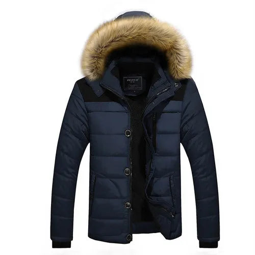 Men's Winter Black Hooded Parkas Jacket, Fake Fur Collar Thick Coats, Fashion Warm Outerwear Male Overcoat Blue Red Jaqueta