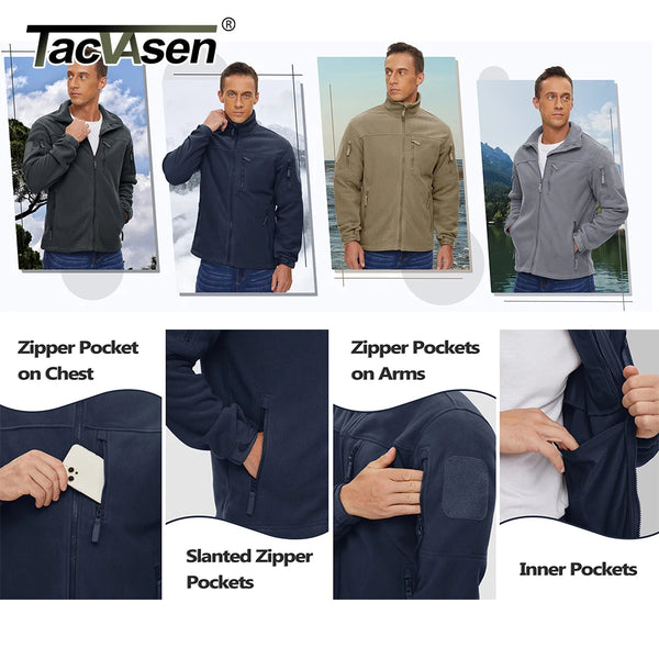 TACVASEN Full Zip Up Green Fleece Jacket Thermal Warm Work Coats Mens Zipper Pockets Casual Hiking Training Outwear Windbreaker