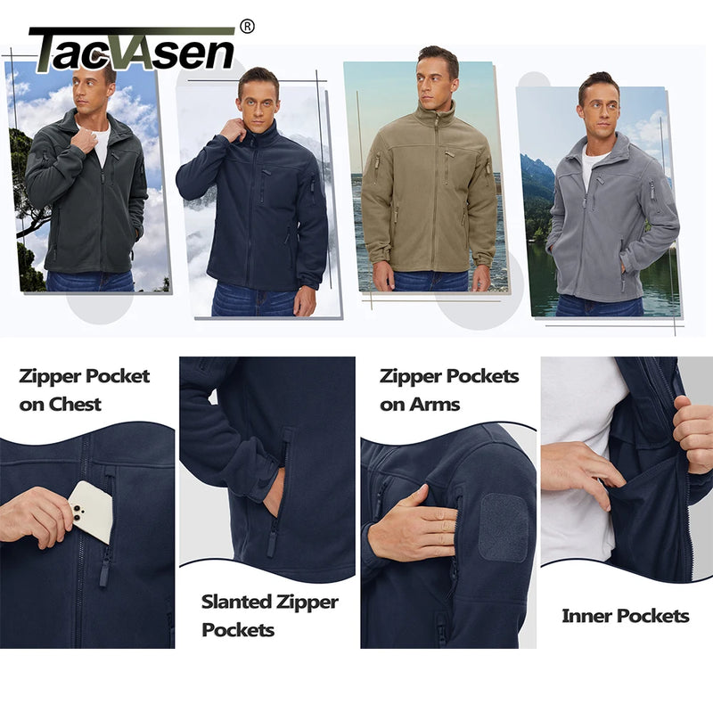 TACVASEN Full Zip Up Green Fleece Jacket Thermal Warm Work Coats Mens Zipper Pockets Casual Hiking Training Outwear Windbreaker