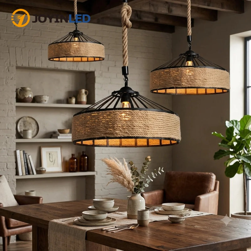 JOYINLED Industrial Hemp Rope Chandelier Vintage Metal Pendant Lamp Retro Hanging Lamp for Dining Room Living Room  30/40/50CM