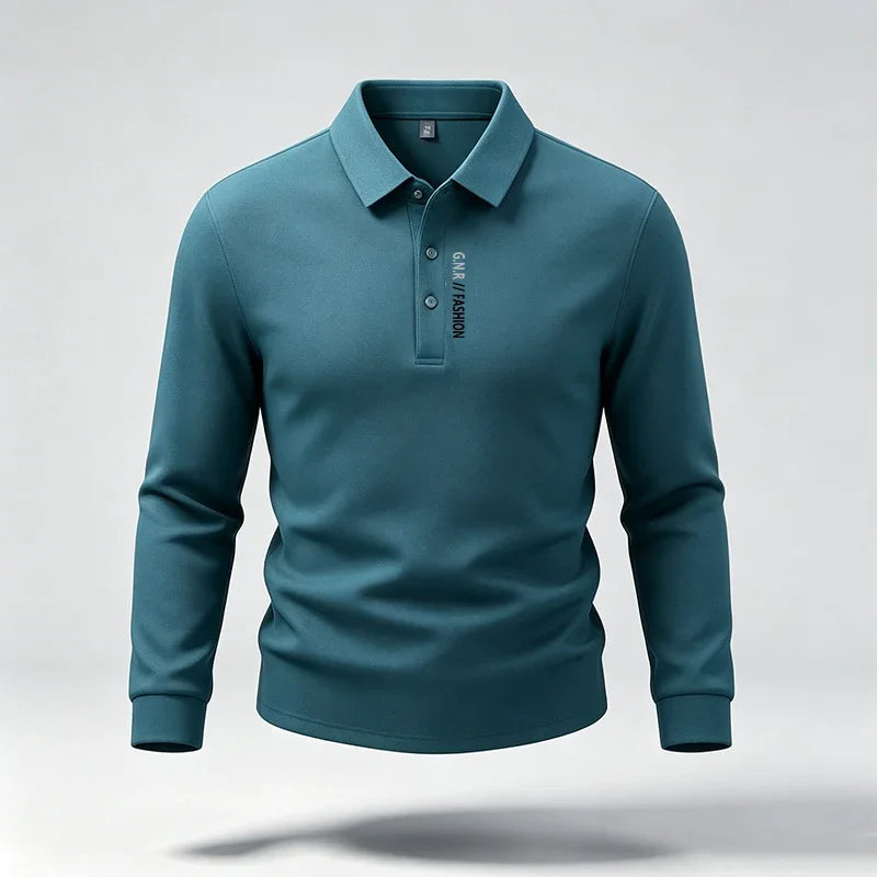 Male Trendy Lapel Collar Polo Top Long Sleeve Button Placket Letter Print For Short Trip Social Meetup And Street Fashion Wear