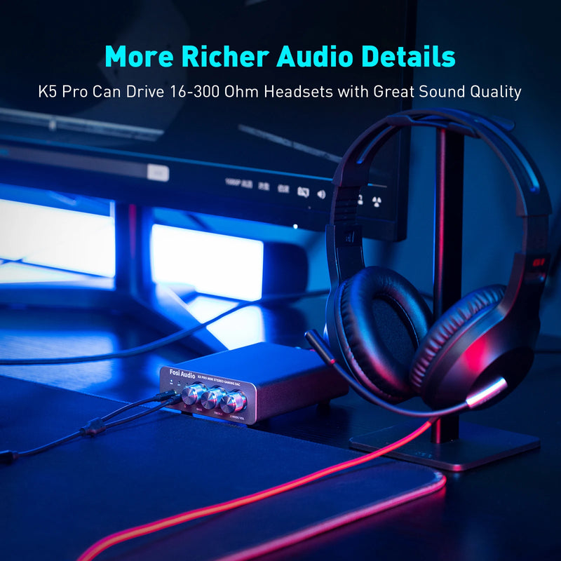 Fosi Audio K5 PRO Gaming USB DAC ជាមួយមីក្រូហ្វូន ឧបករណ៍ពង្រីកសំឡេងកាសស្តាប់ត្រចៀក Desktop Mini Audio DAC Amp សម្រាប់ PS5 PC