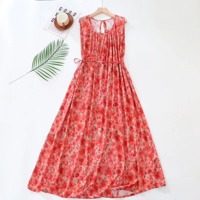 Spring Summer New Literary Artistic Style Large Size Women's Clothing Cotton Silk Printing Night Dress Lady Home Nightgowns