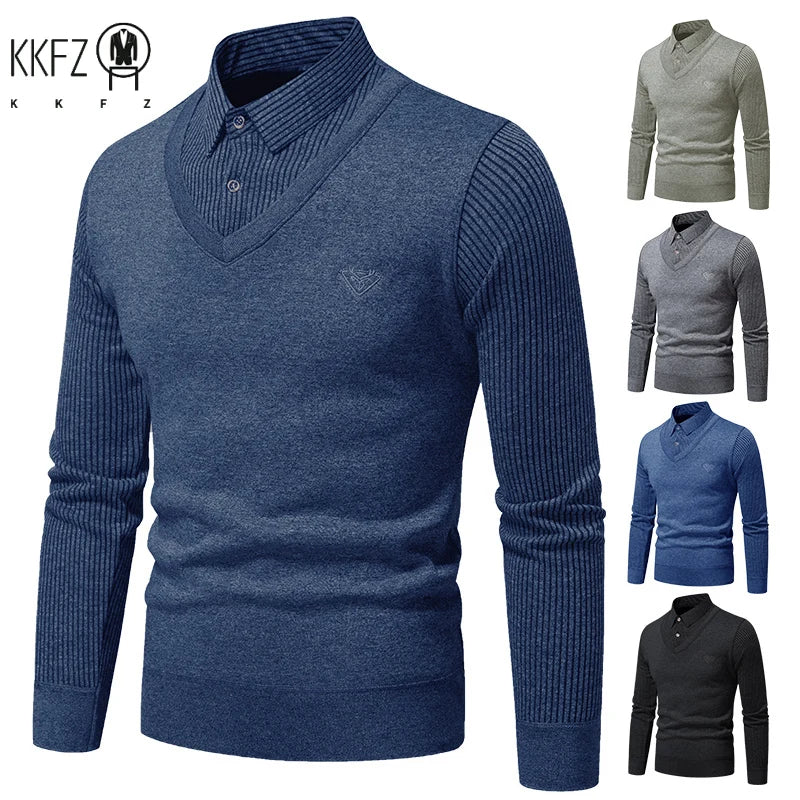 All Season Male Fake Two Piece Long Sleeve Top V Neck Fake Waistcoat Stripe Detail Lapel Collar Embroidered Decor