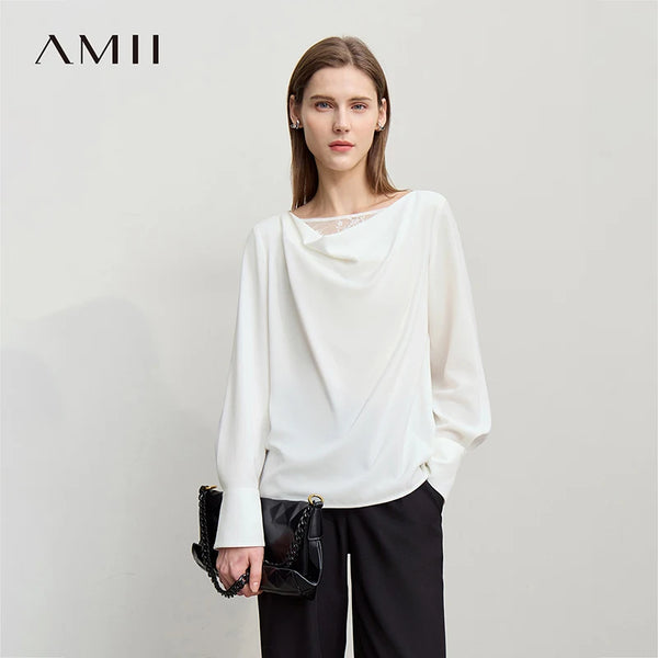 Amii Women's Autumn Blouse 2026 New Commuter Lace Swinging Neck Chiffon Elegant Ladies Blouses Loose Long-sleeved Top 12611012