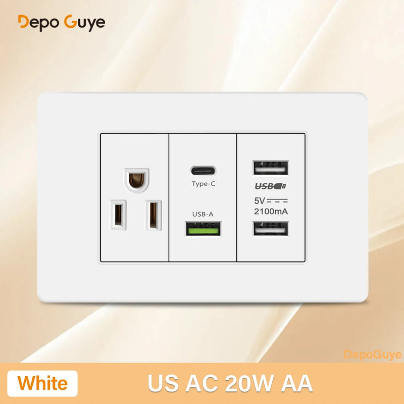 Italy Chile Mexico USB Smart Type-c 20W Fast Charging Wall Outlet plug,Brazil Electric Light Switch Panel Universal usb c Socket
